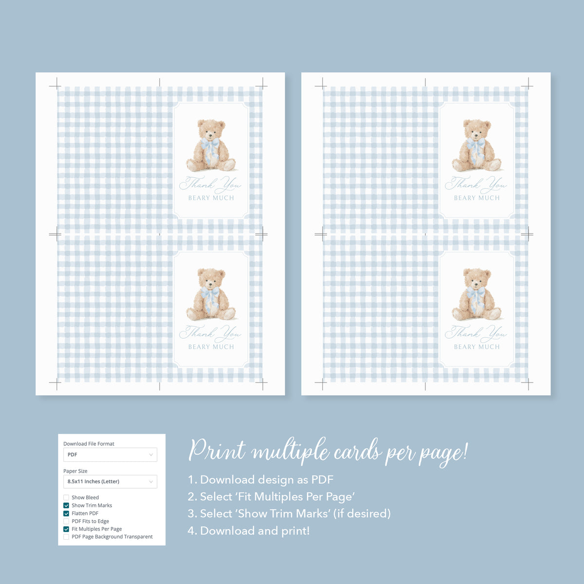 Blue Gingham Teddy Bear Folded Thank You Card