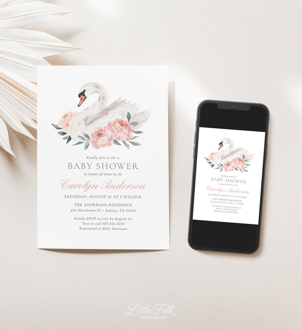 Floral Swan Baby Shower Invitation