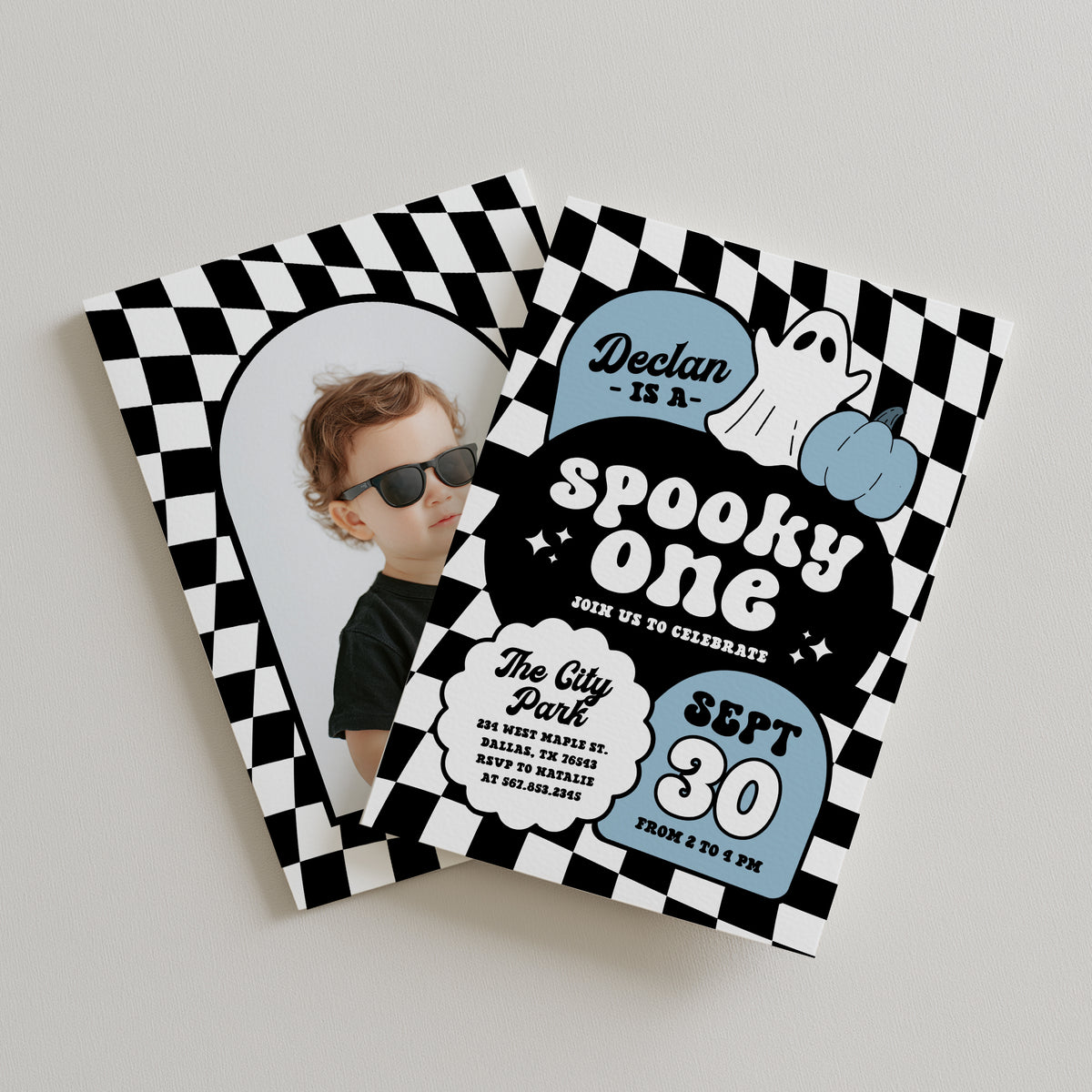 Blue Retro Checker Spooky One Halloween Birthday Invitation