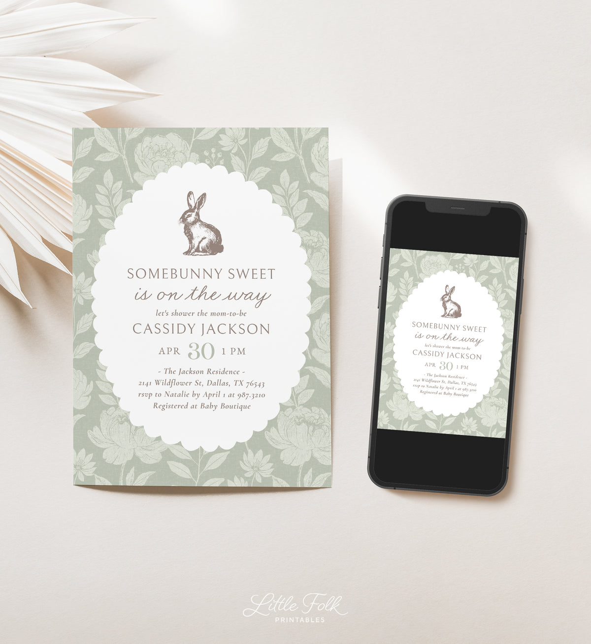 Sage Green Floral Bunny Baby Shower Invitation