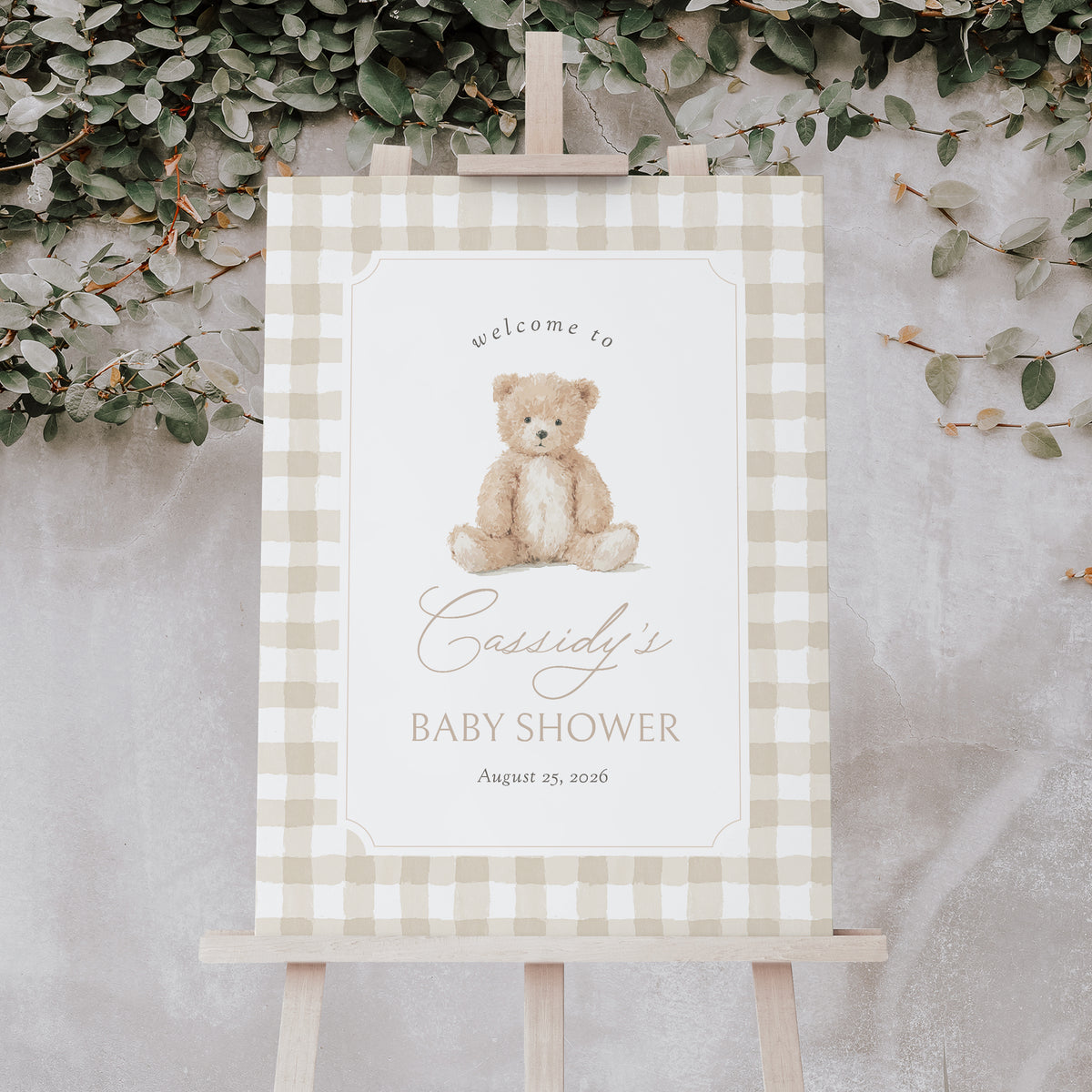 Neutral Gingham Teddy Bear Baby Shower Welcome Sign