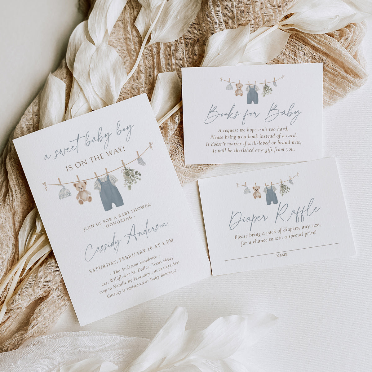 Blue Overalls Clothesline Baby Shower Invitation Suite