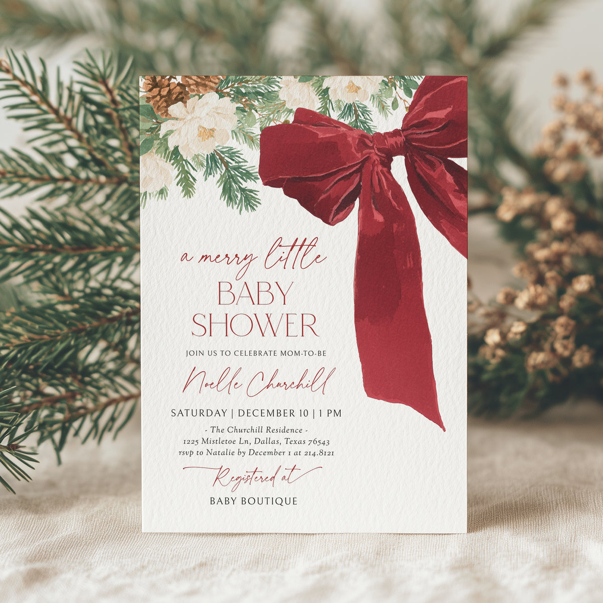 Red Christmas Bow and Greenery Baby Shower Invitation
