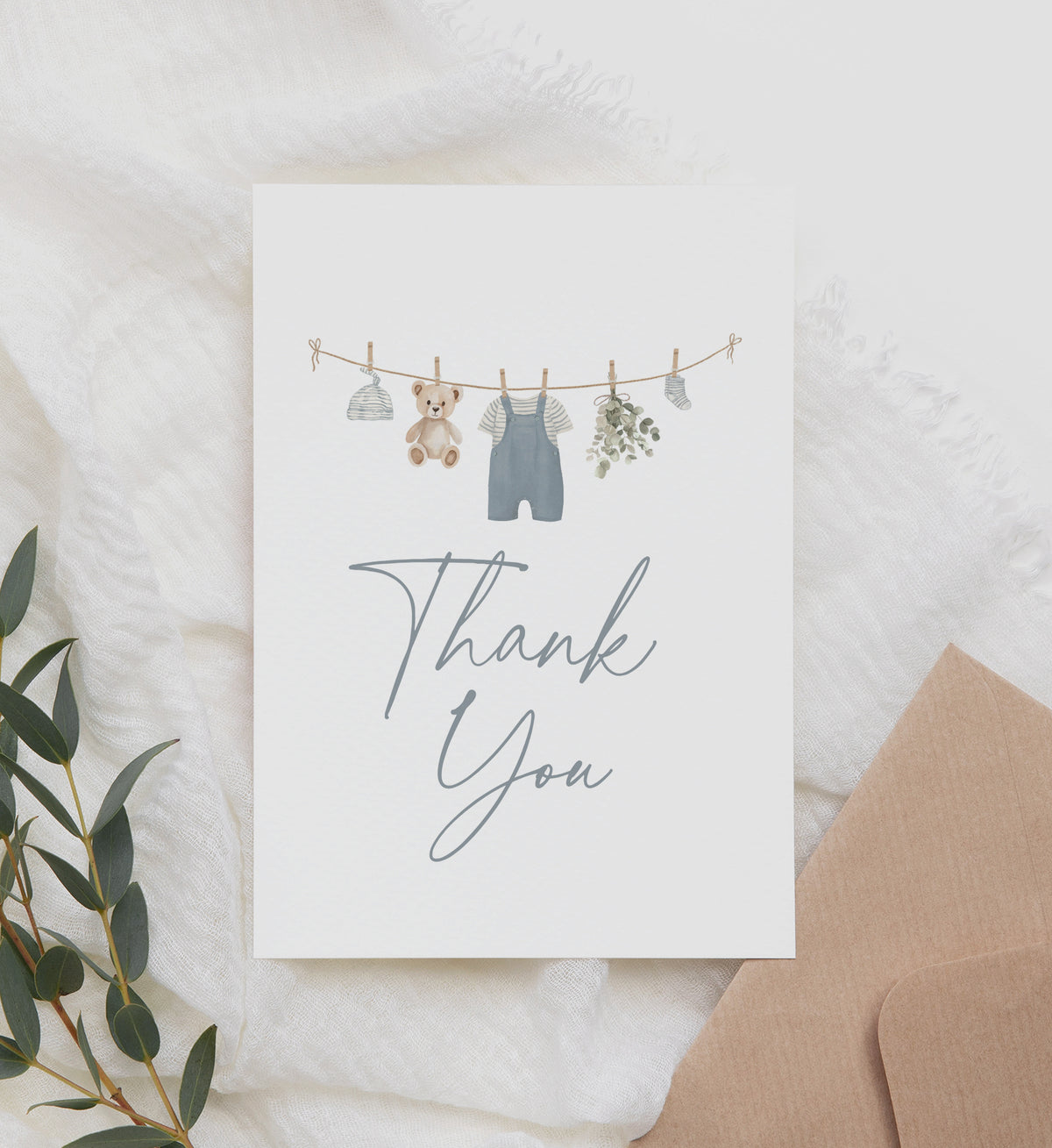 Blue Overalls Baby Shower Folded Thank You Card