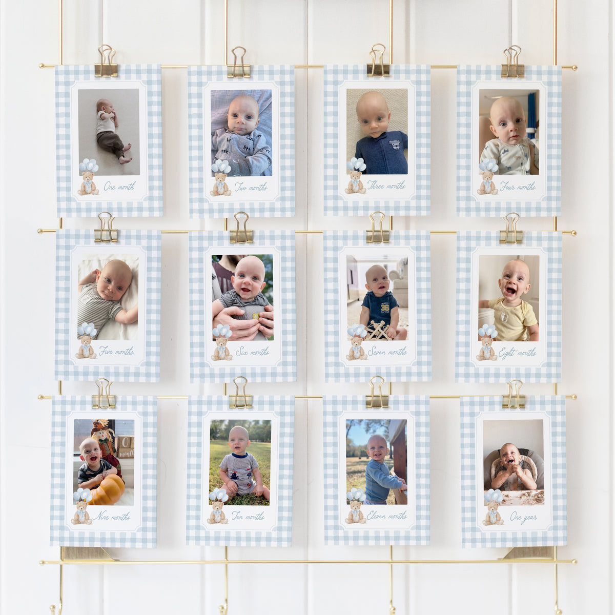 Blue Gingham Teddy Bear Birthday Photo Banner