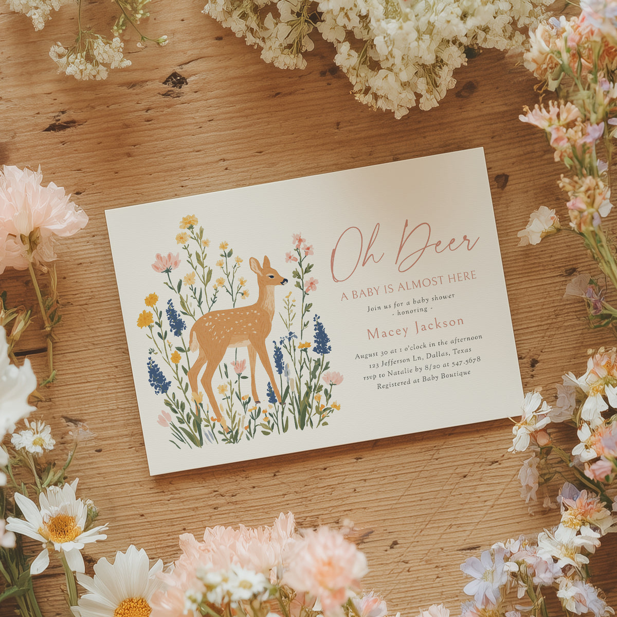 Floral Deer Baby Shower Invitation