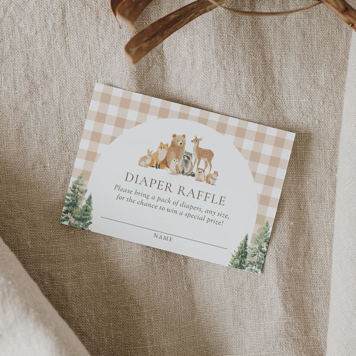 Woodland Gingham Baby Shower Diaper Raffle Ticket