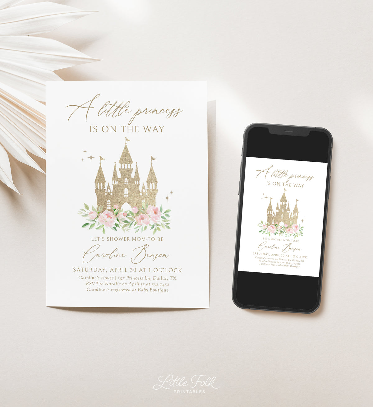 Gold Princess Castle Baby Shower Invitation