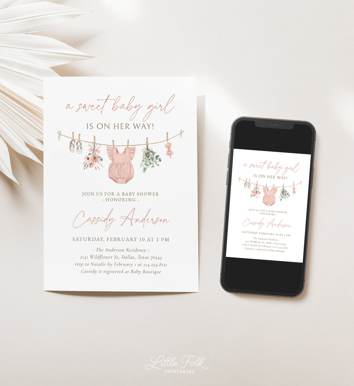 Pink Wildflower Clothesline Baby Shower Invitation