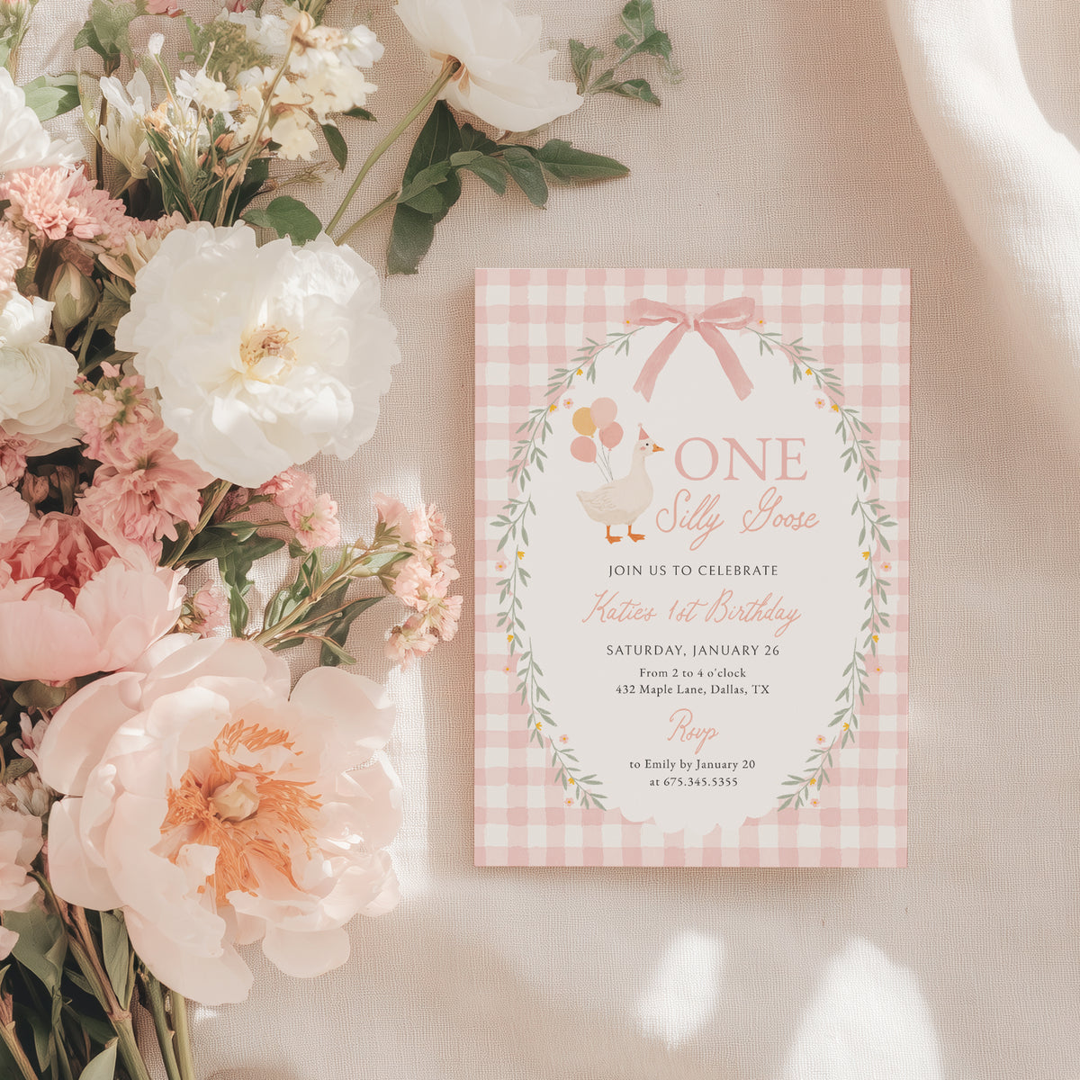 Pink Gingham Silly Goose Birthday Invitation