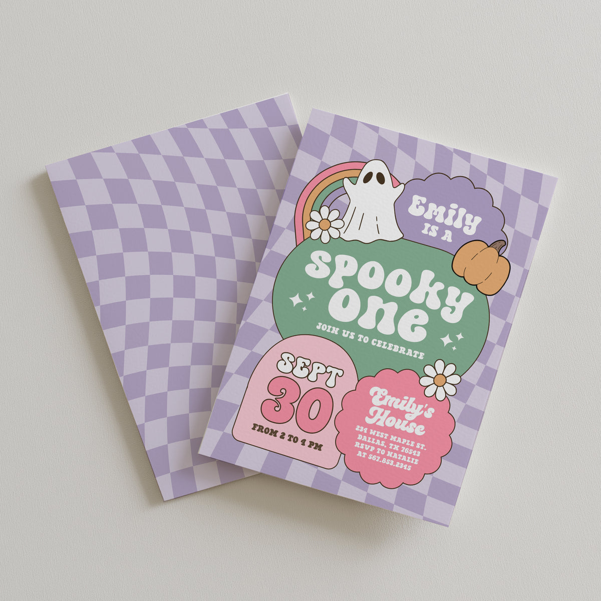 Purple Retro Checker Spooky One Halloween Birthday Invitation