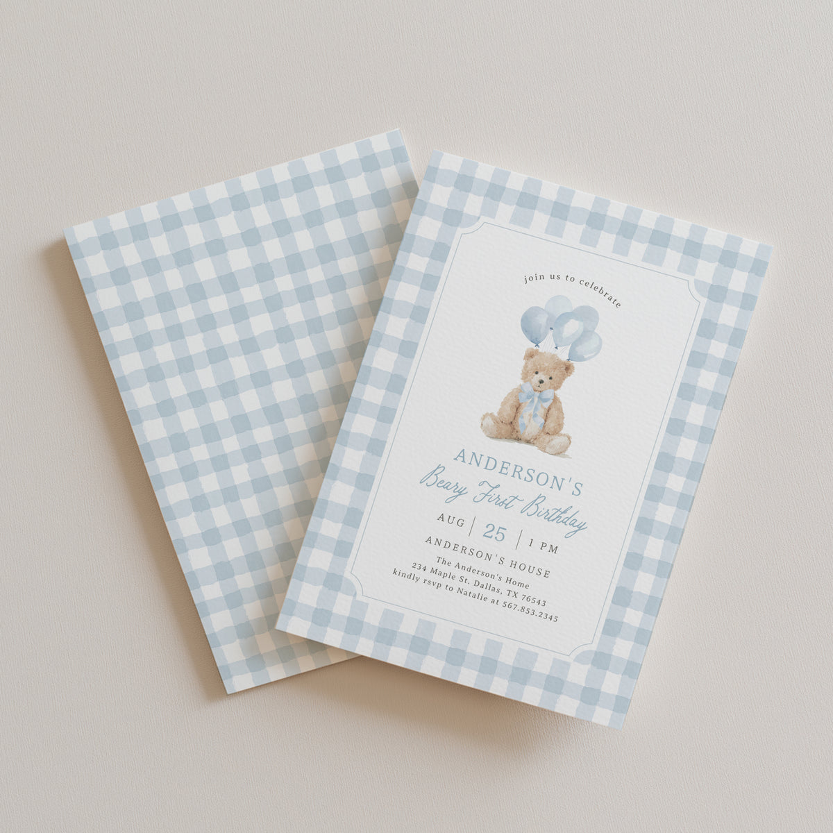 Blue Gingham Teddy Bear Birthday Invitation