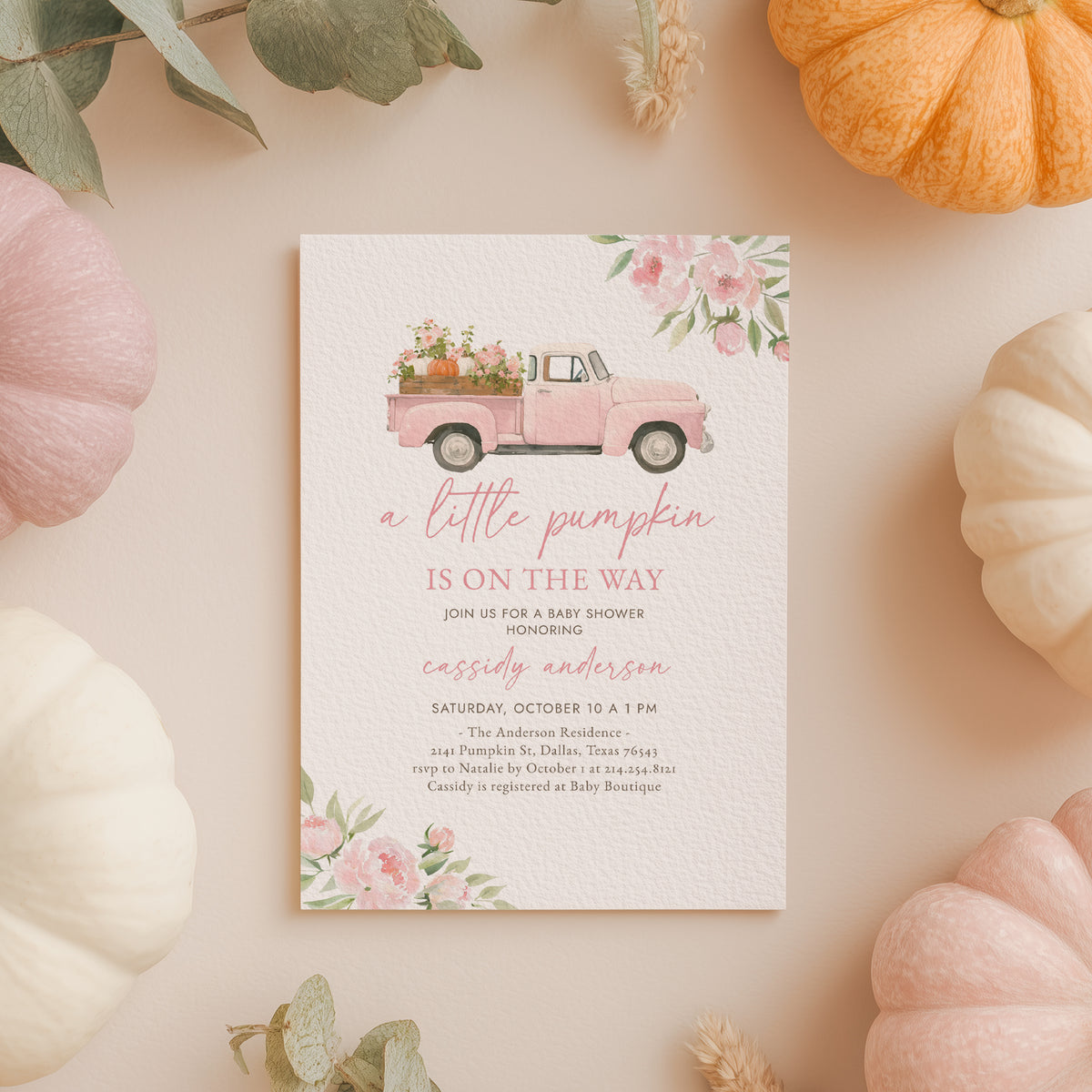 Pink Truck Pumpkin Baby Shower Invitation