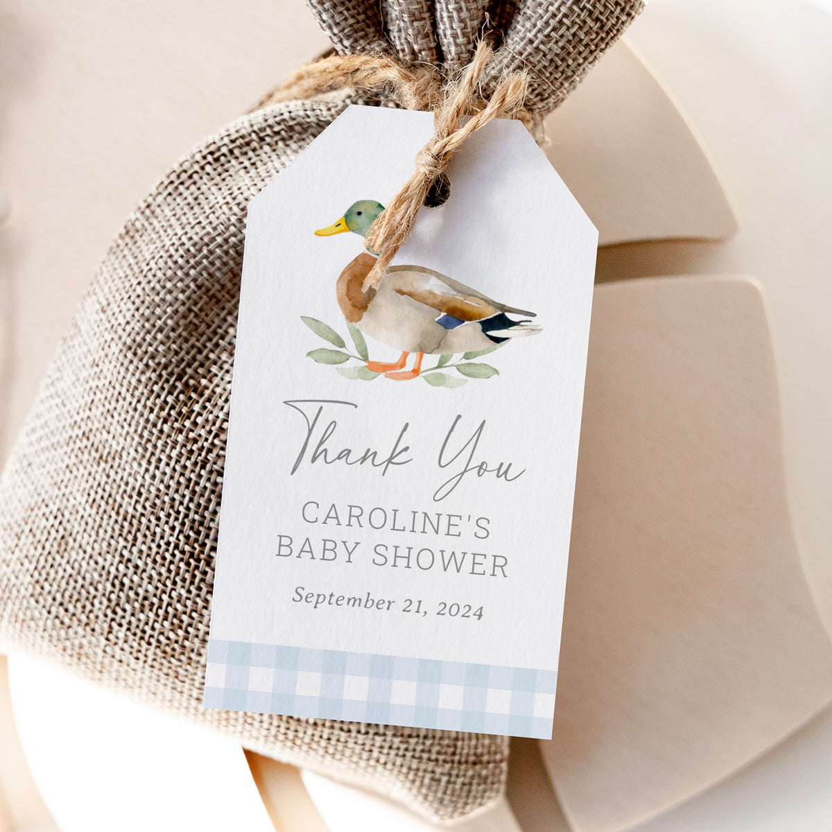 Blue Gingham Duck Duck Baby Shower Rectangle Favor Tag Template