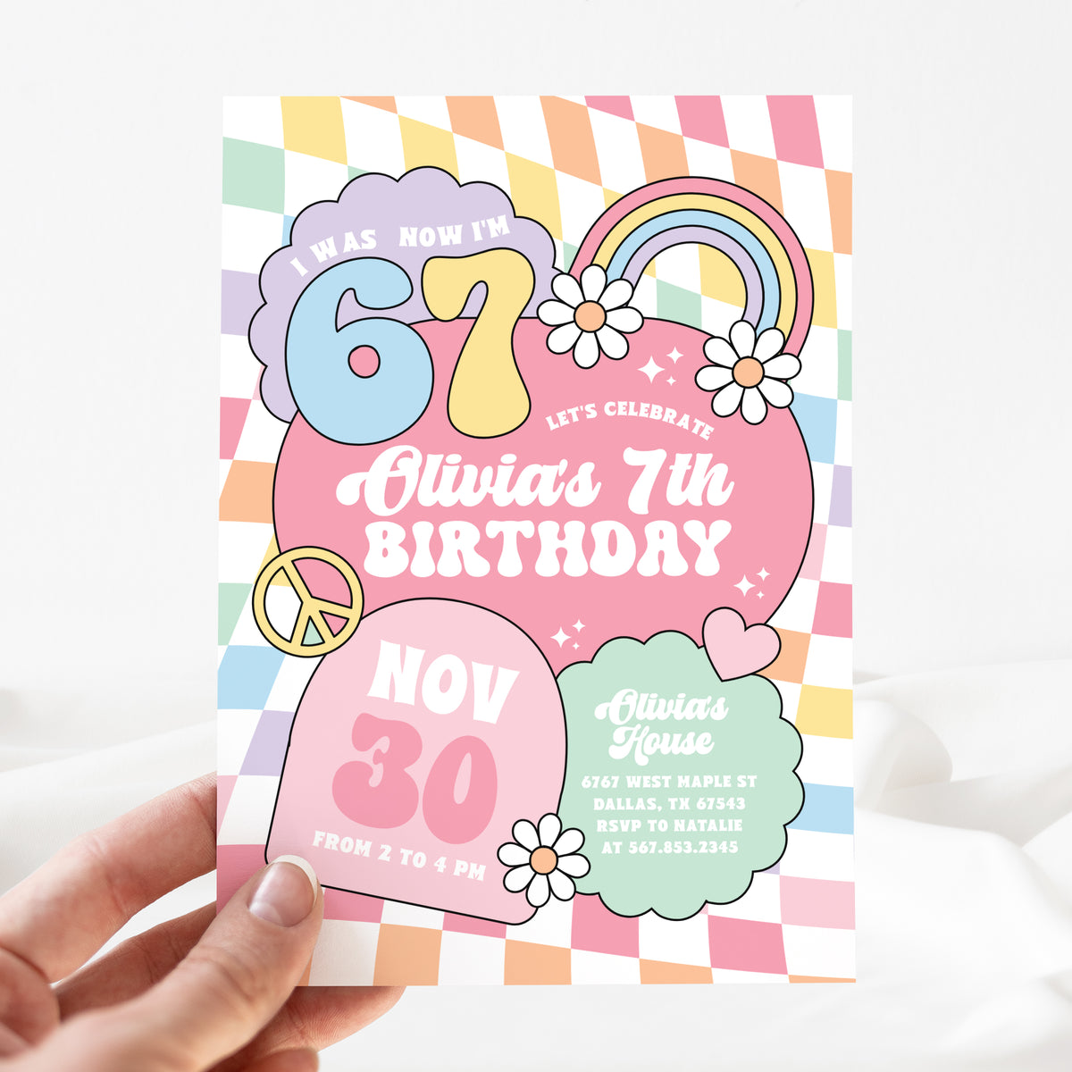 Retro Rainbow 67 Birthday Invitation