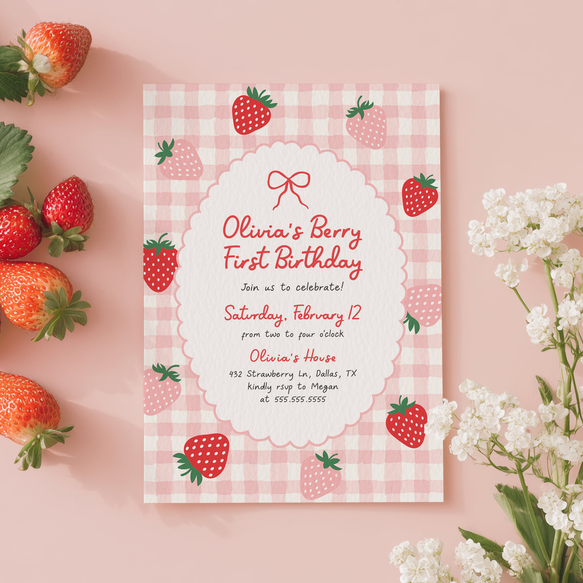 Strawberry First Birthday Invitation