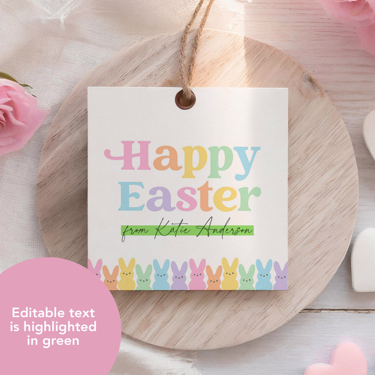 Pastel Bunnies Happy Easter Square Tag Template