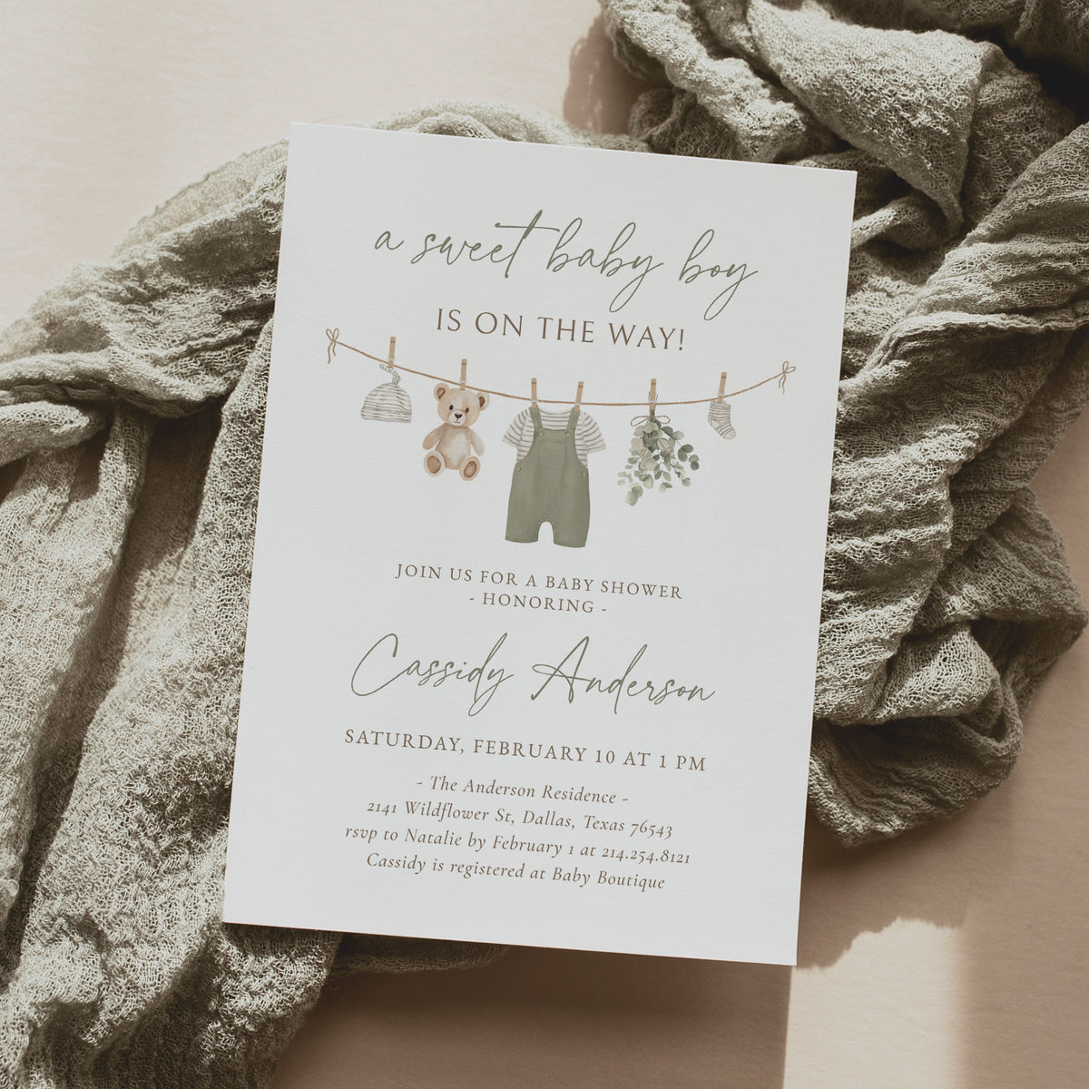 Sage Green Clothesline Baby Shower Invitation