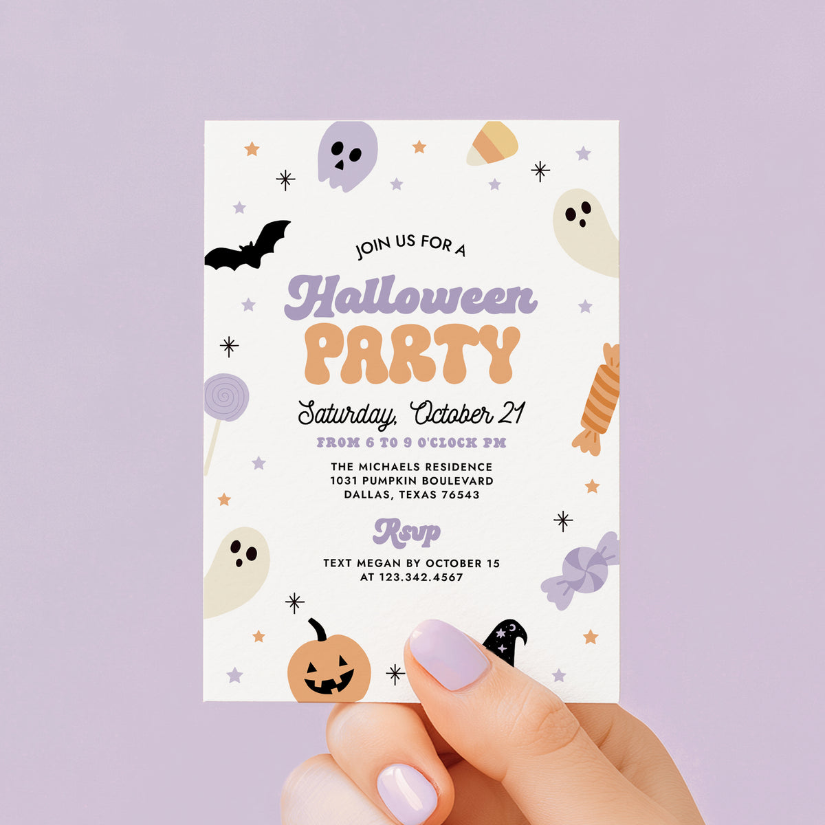 Purple and Orange Retro Halloween Party Invitation