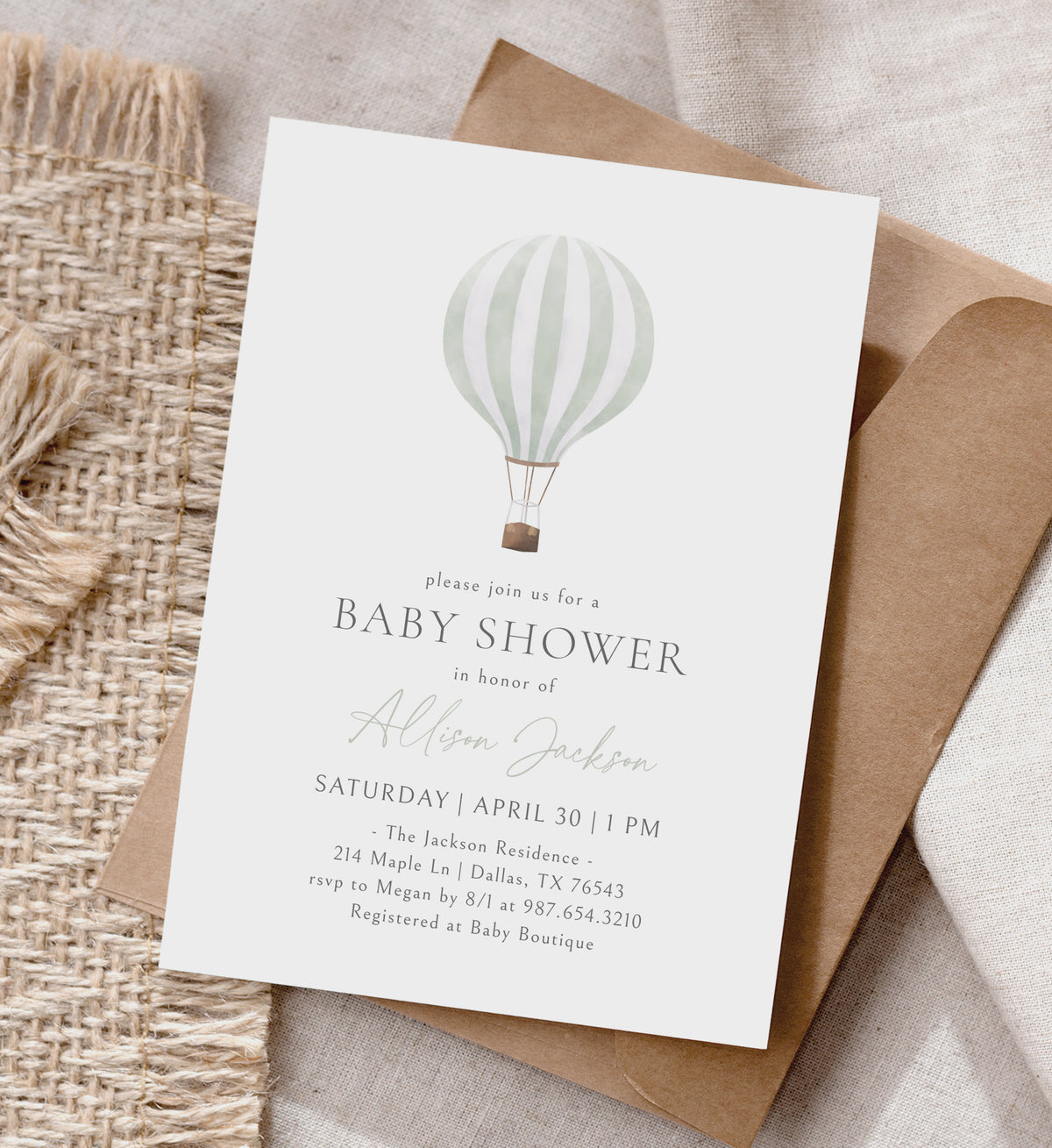 Minimalist Sage Green Hot Air Balloon Baby Shower Invitation