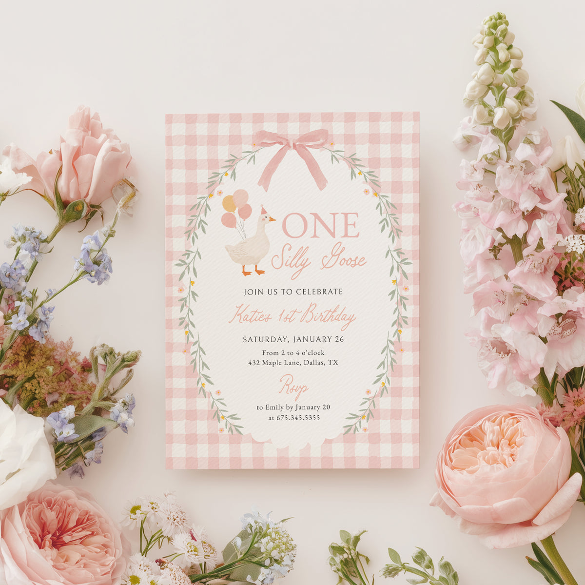 Pink Gingham Silly Goose Birthday Invitation