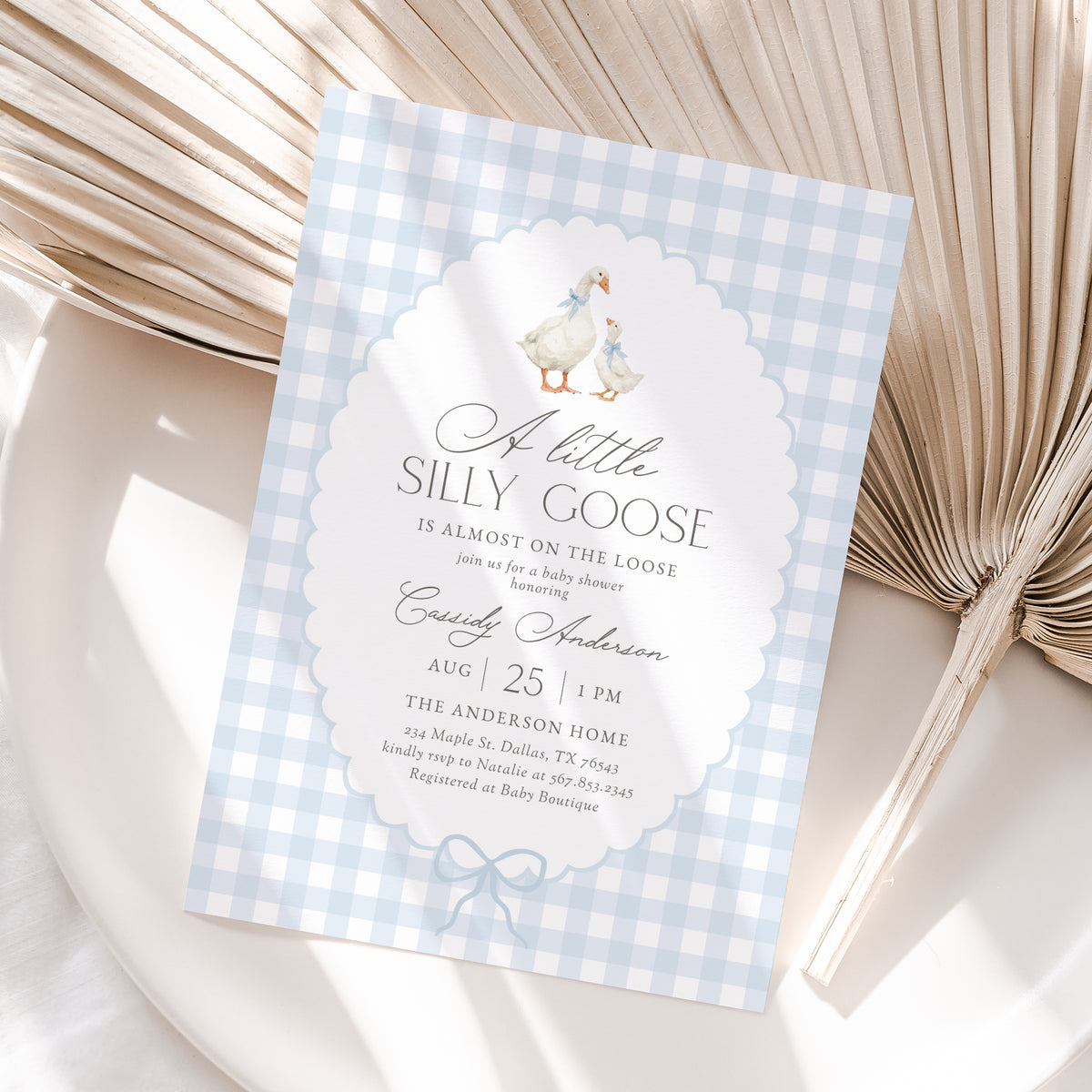 Blue Gingham Goose Baby Shower Invitation