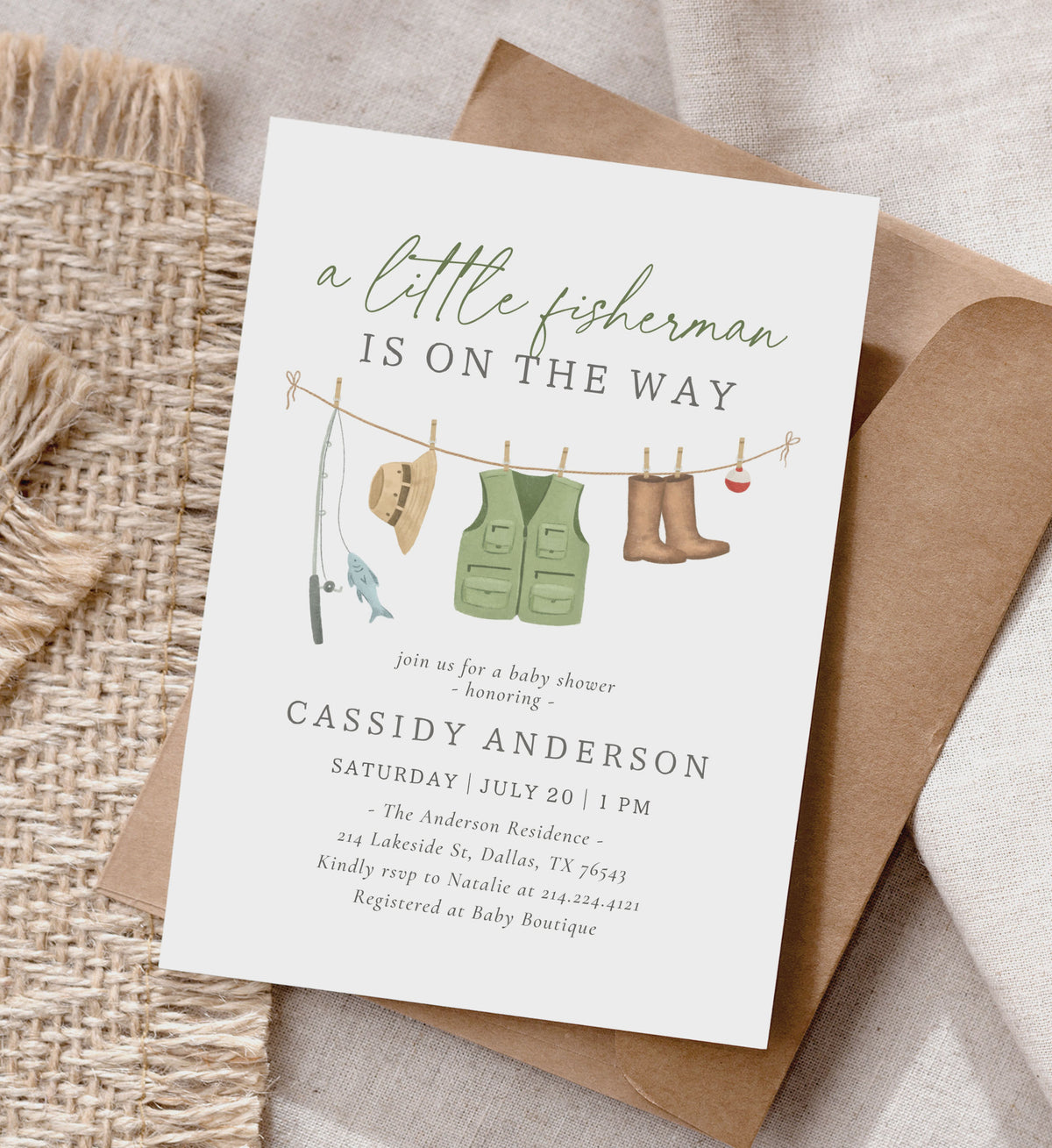Fishing Clothesline Baby Shower Invitation