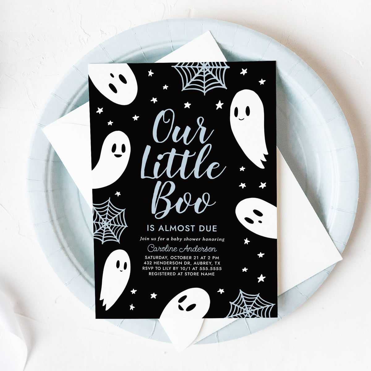 A Little Boo is Almost Due Baby Shower Invitation Template (Black & Blue)