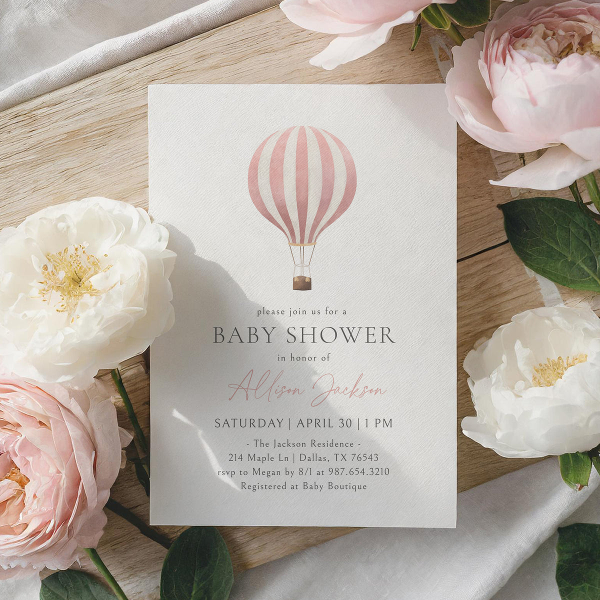 Minimalist Pink Hot Air Balloon Baby Shower Invitation