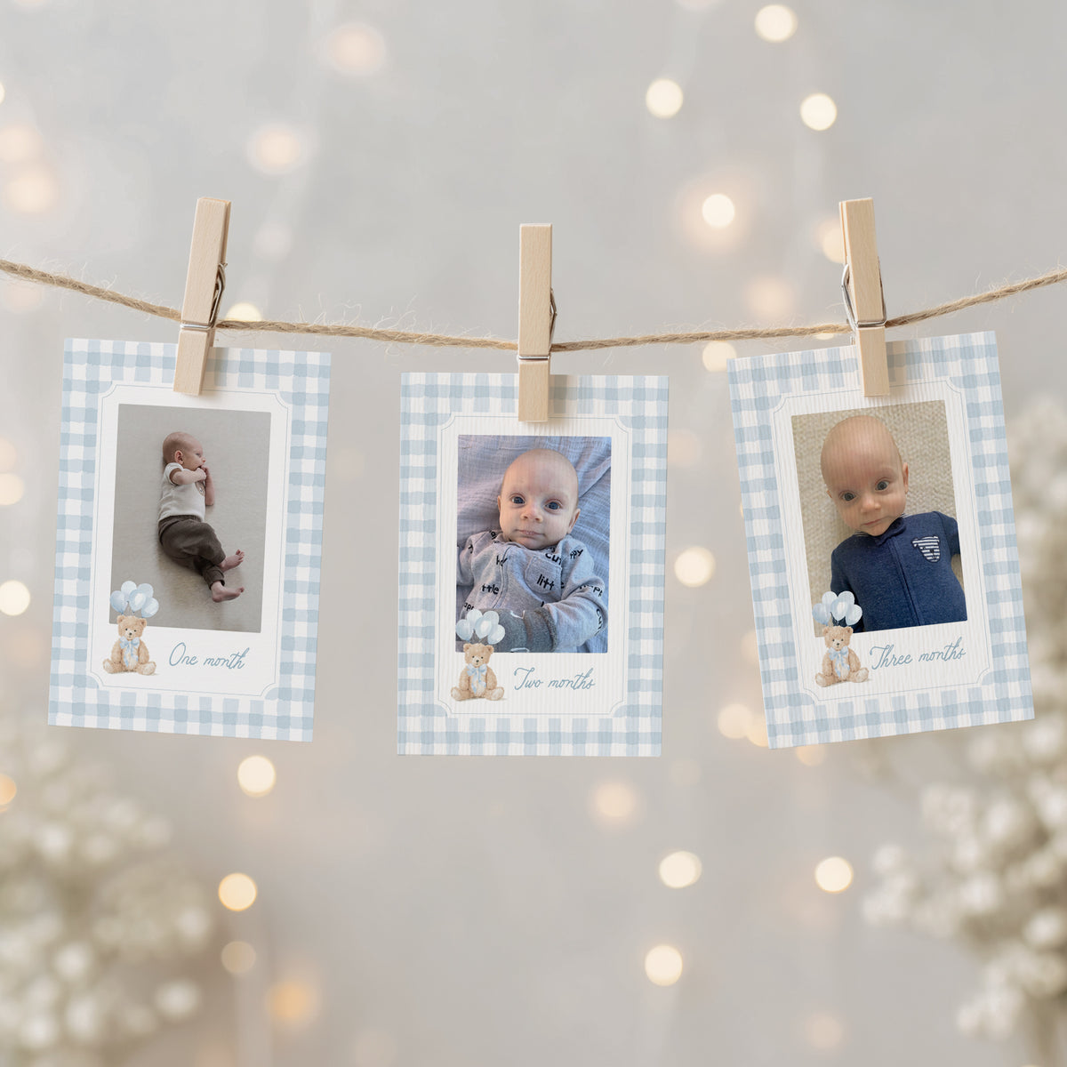 Blue Gingham Teddy Bear Birthday Photo Banner
