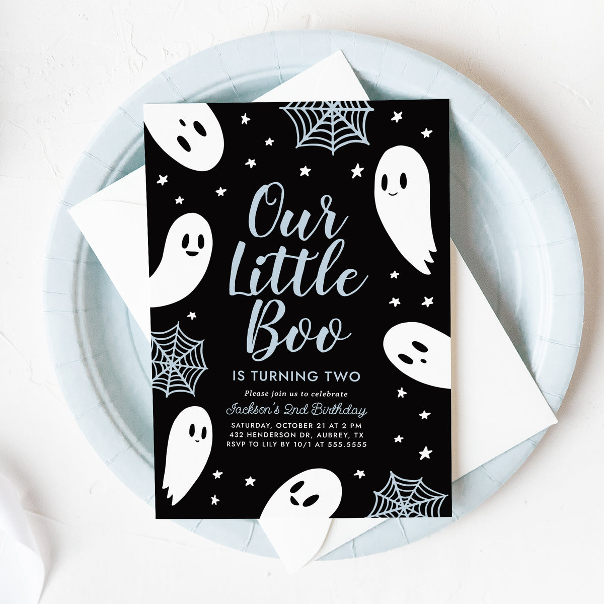 Little Boo Birthday Party Invitation Template (Black & Blue)