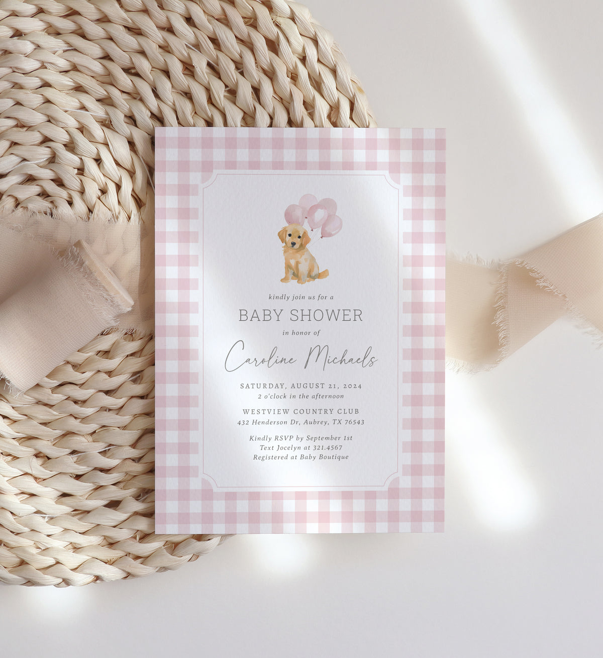 Pink Gingham Golden Retriever Baby Shower Invitation