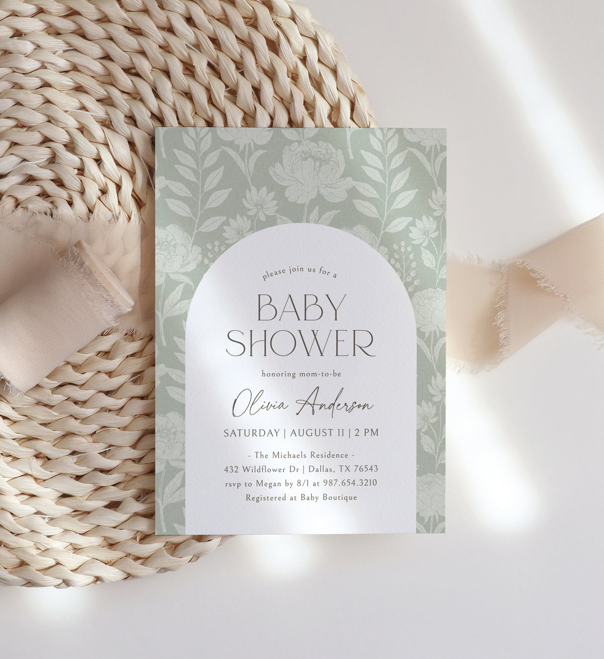 Sage Green Peony Baby Shower Invitation