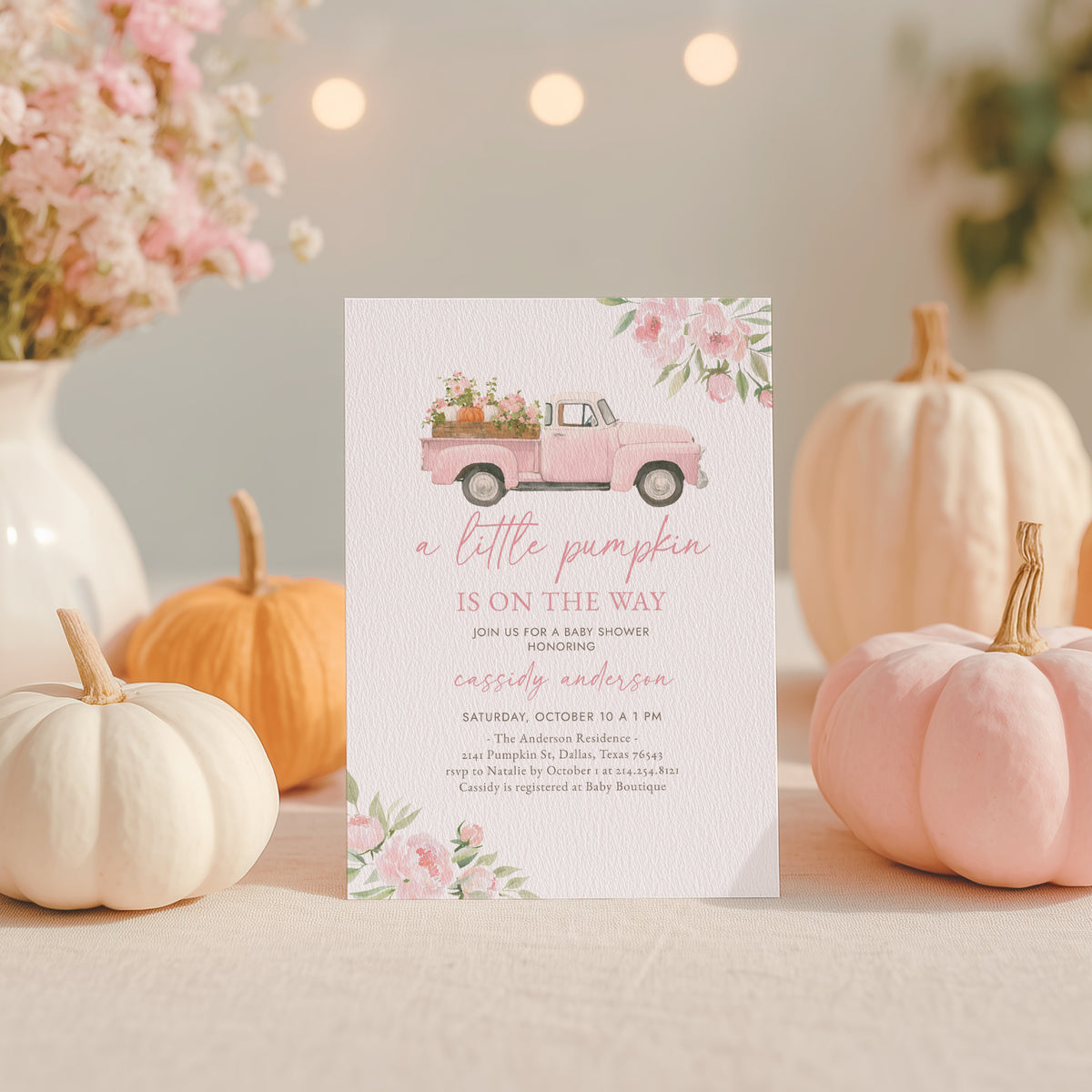 Pink Truck Pumpkin Baby Shower Invitation