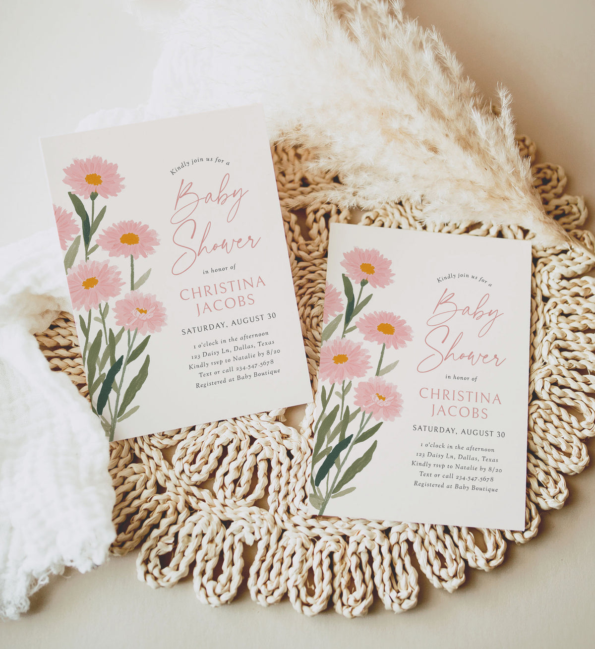 Pink Daisy Baby Shower Invitation Template