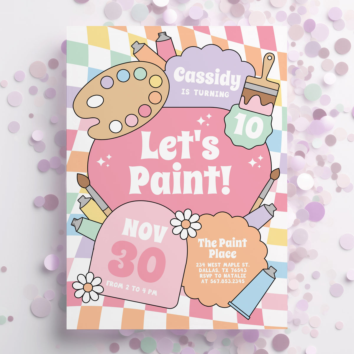 Groovy Pastel Rainbow Checker Art Birthday Invitation