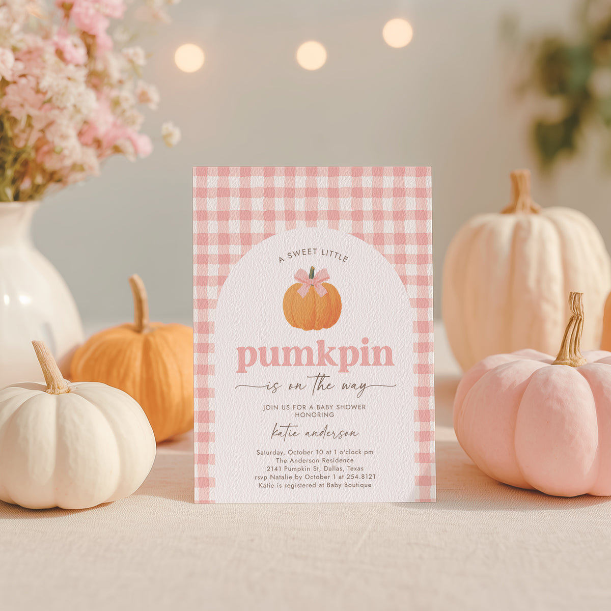 Pink Gingham Pumpkin Baby Shower Invitation