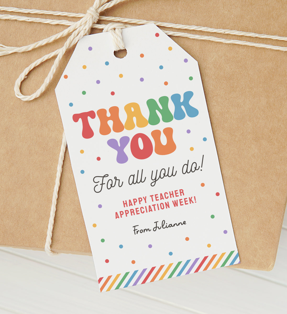 Rainbow Stripe Rectangle Teacher Appreciation Tag Template