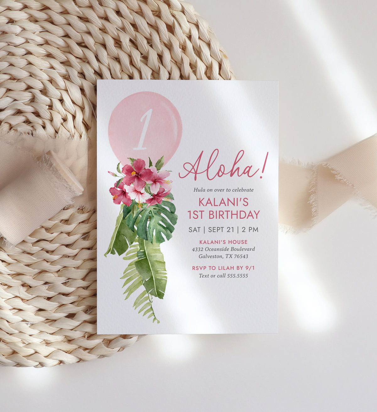 Editable 1st Luau Balloon Birthday Party Invitation Template