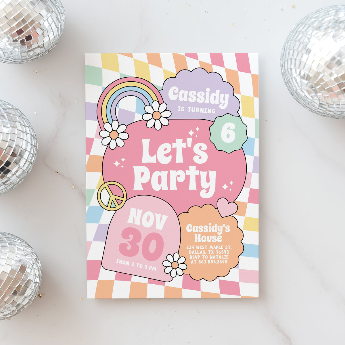 Groovy Pastel Rainbow Checker Birthday Invitation