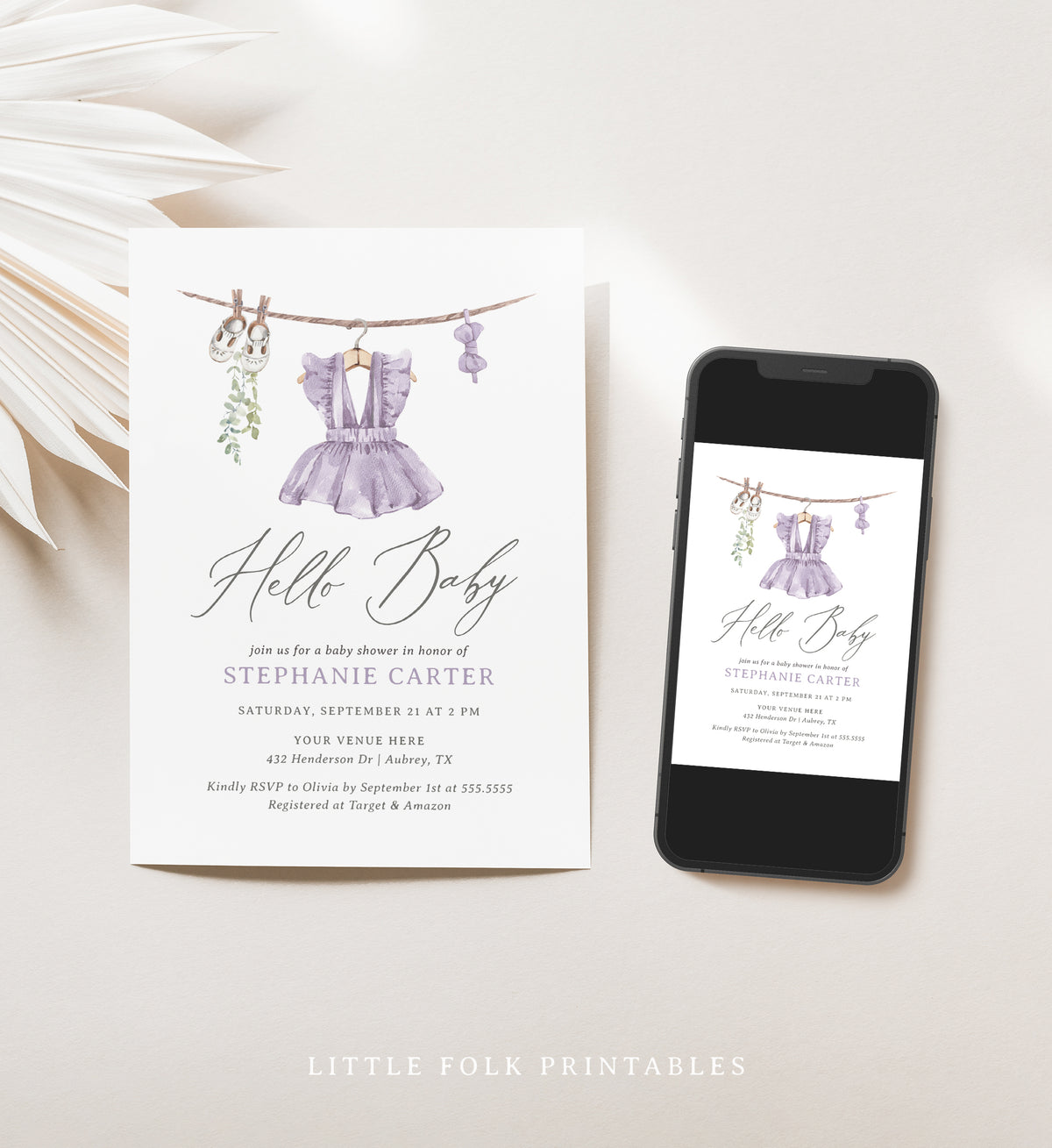 Purple Baby Clothes Baby Shower Invitation Template