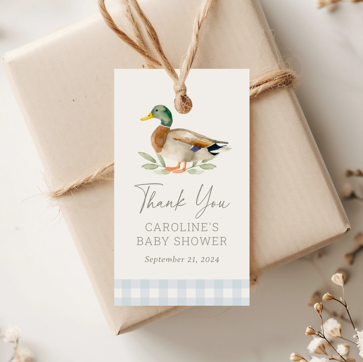 Blue Gingham Duck Duck Baby Shower Rectangle Favor Tag Template
