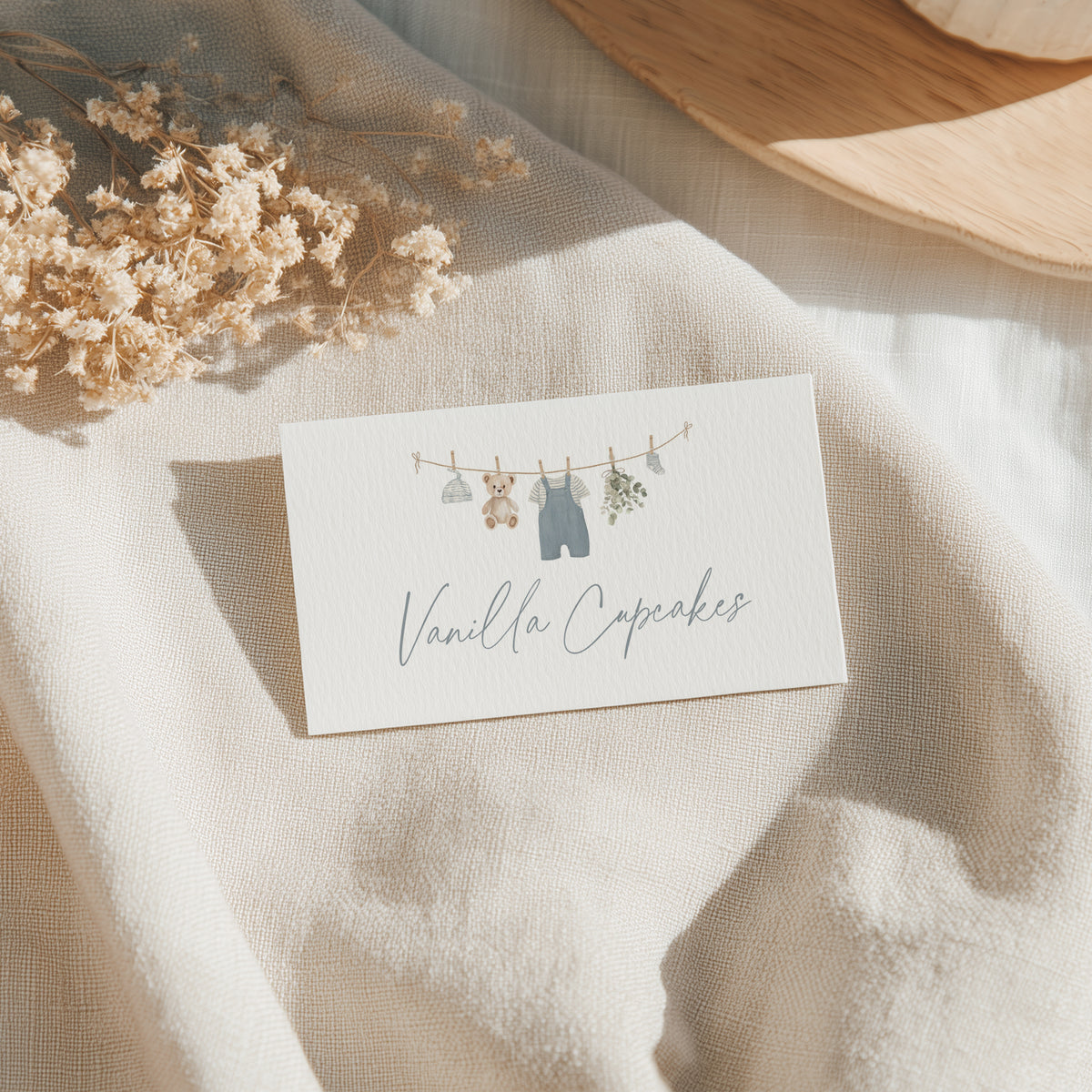 Blue Overalls Clothesline Baby Shower Tent Card