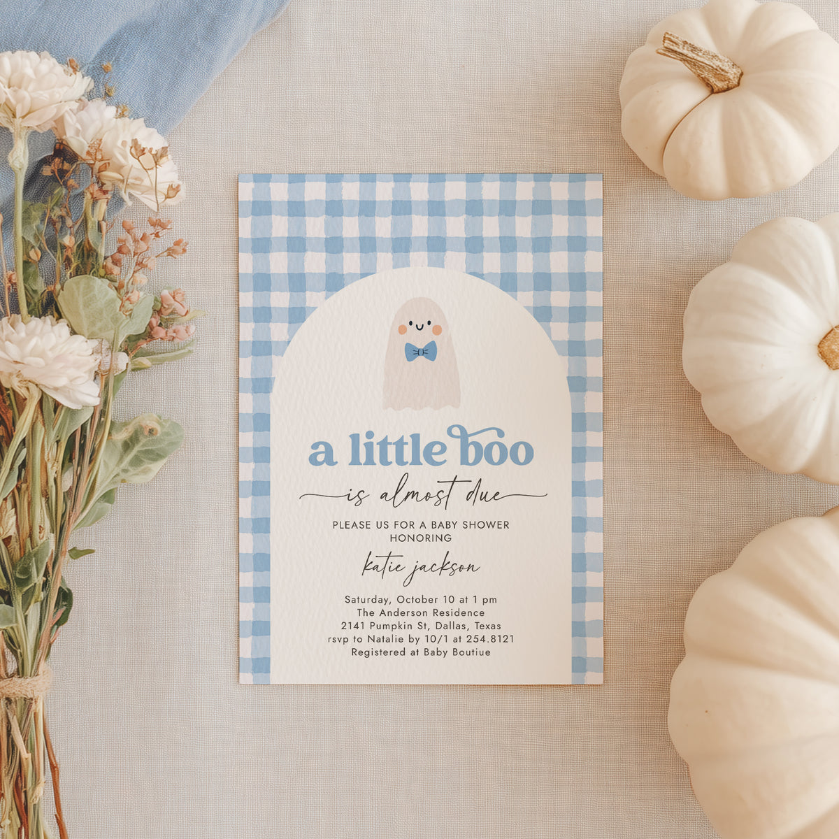 Little Boo Blue Gingham Baby Shower Invitation