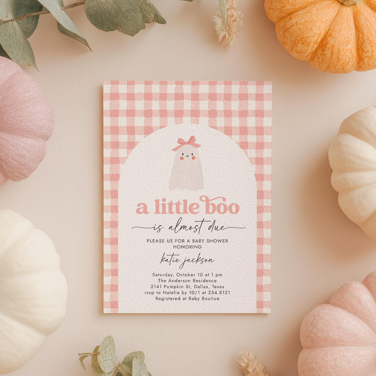Little Boo Pink Gingham Baby Shower Invitation