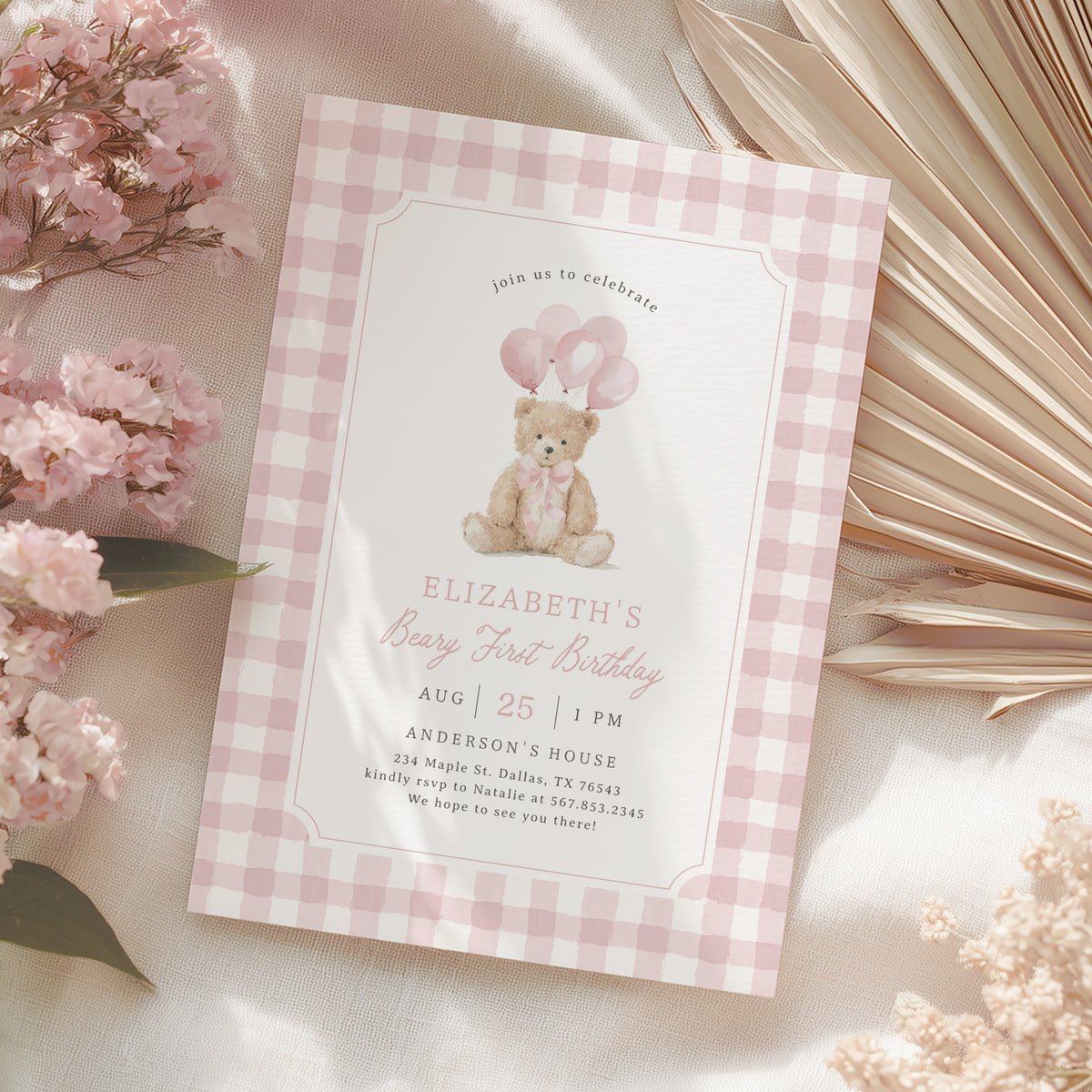 Pink Gingham Teddy Bear Birthday Invitation