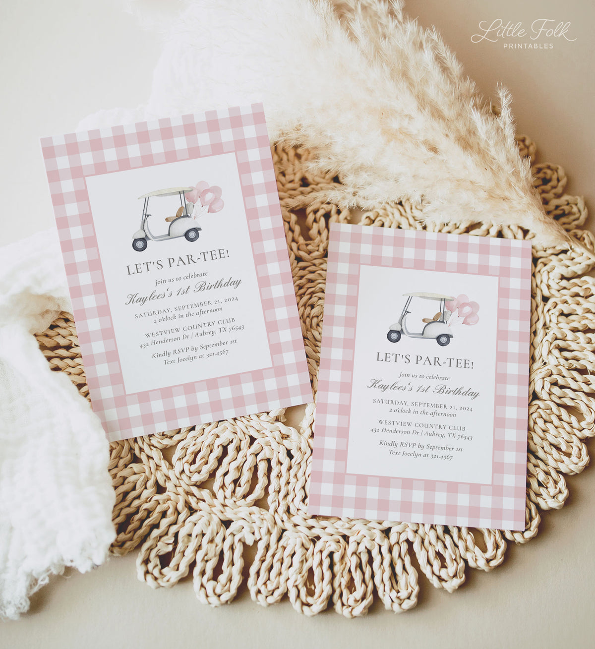 Editable Pink Gingham Golf Birthday Invitation Template