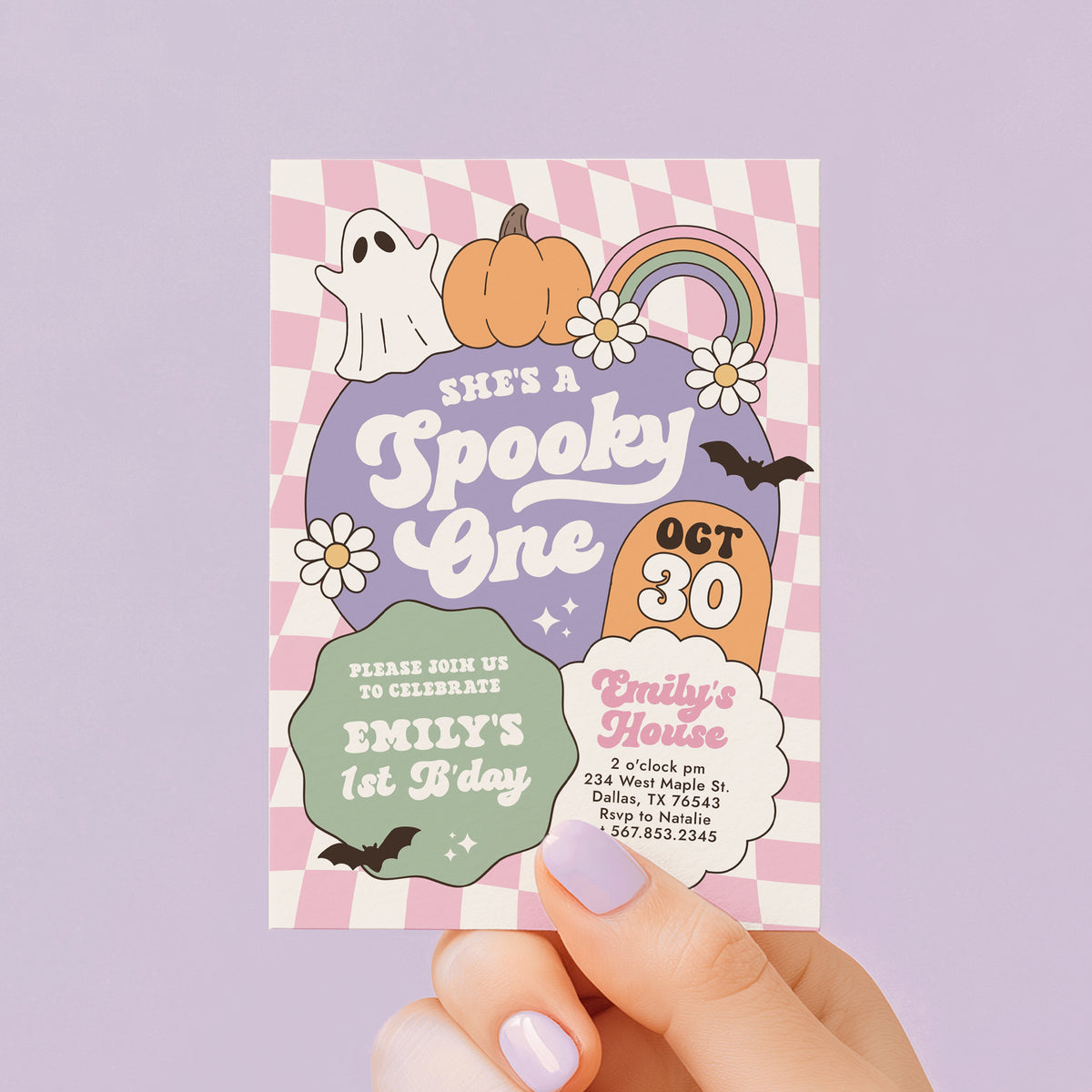 Pink Retro Checker Spooky One Halloween Birthday Invitation