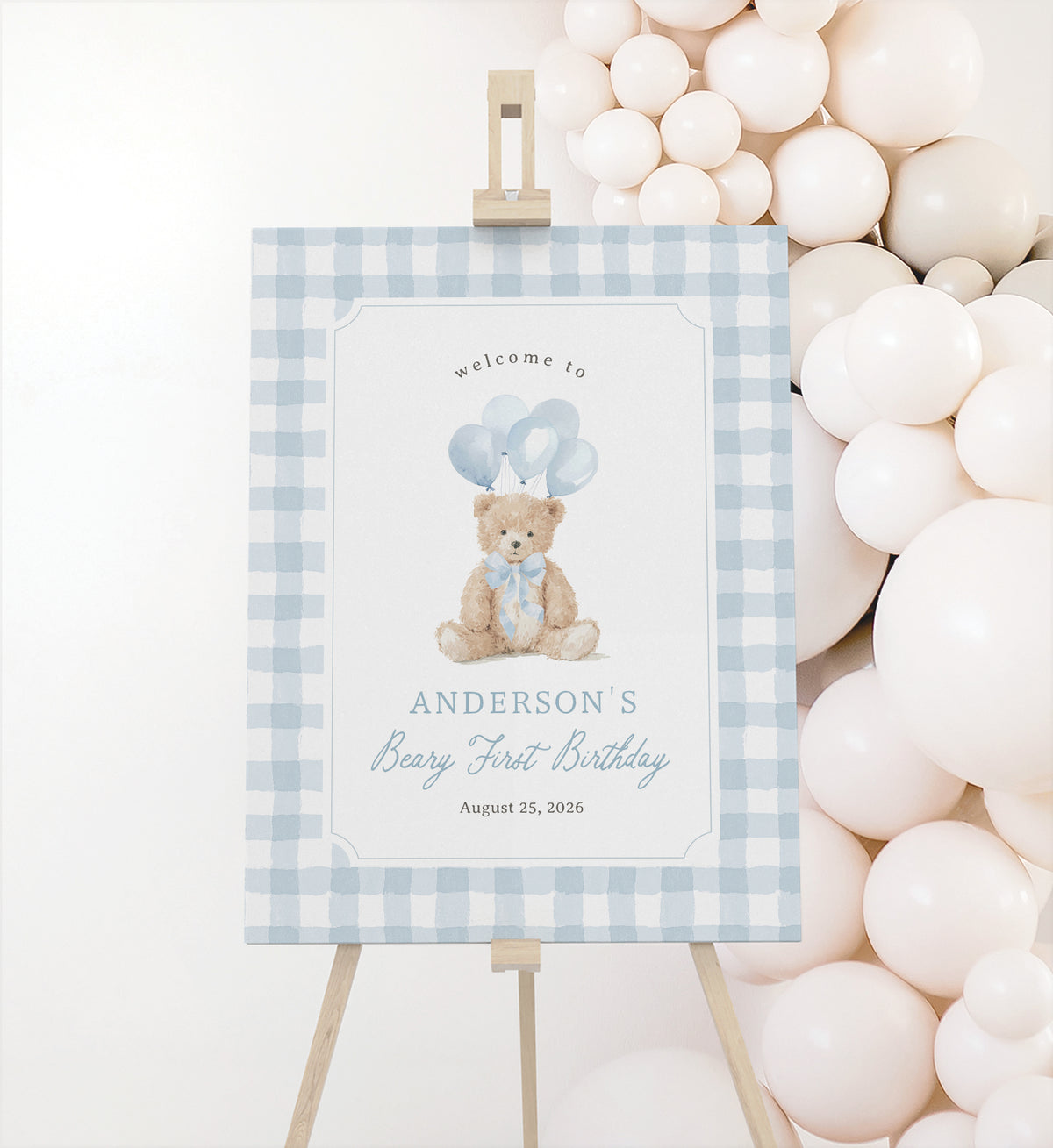 Blue Gingham Teddy Bear Birthday Welcome Sign