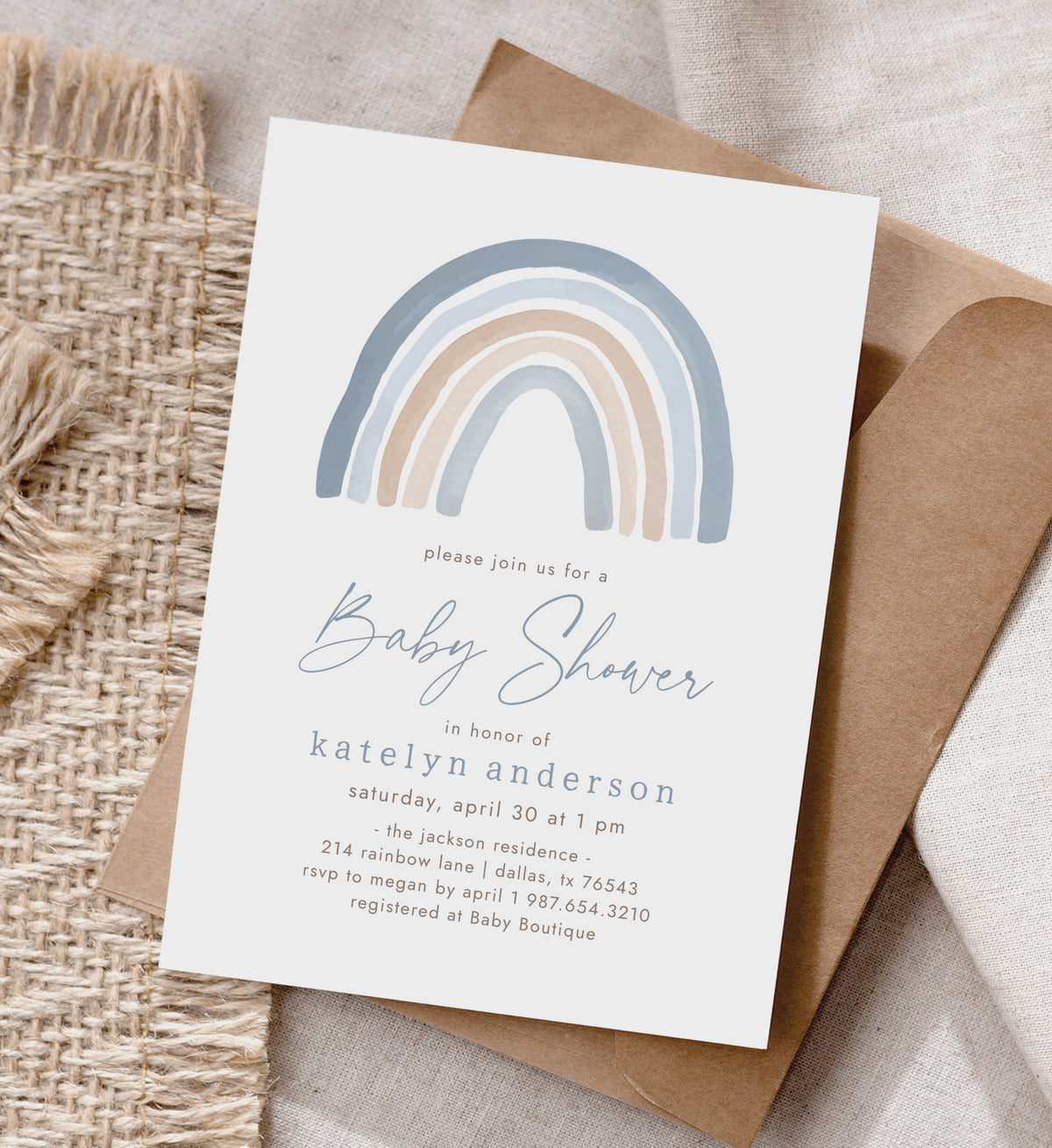 Blue Watercolor Rainbow Baby Shower Invitation